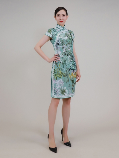 Green printed short cheongsam